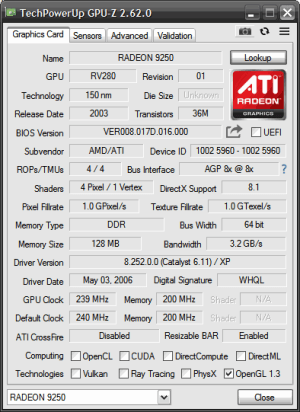 Scheda grafica video AGP 4/8X GDDR 128MB 64 BIT AMD ATI Radeon 9250 DVI TV-OUT