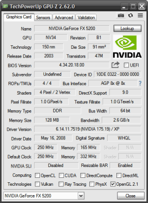 Scheda Grafica Video AGP 4/8X GDDR 128 MB 64Bit Nvidia Geforce FX-5200 PEAK