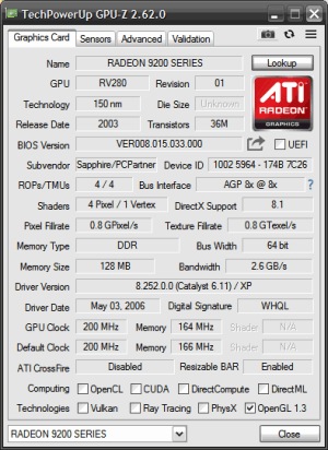 Scheda grafica video AGP 8X GDDR 128MB 64BIT SAPPHIRE Radeon 9200SE ComposIto TV