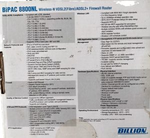 Modem Router Fibra FTTC VDSL2 ADSL2+ WIFI N Chip Broadcom Billion BiPAC 8800NL